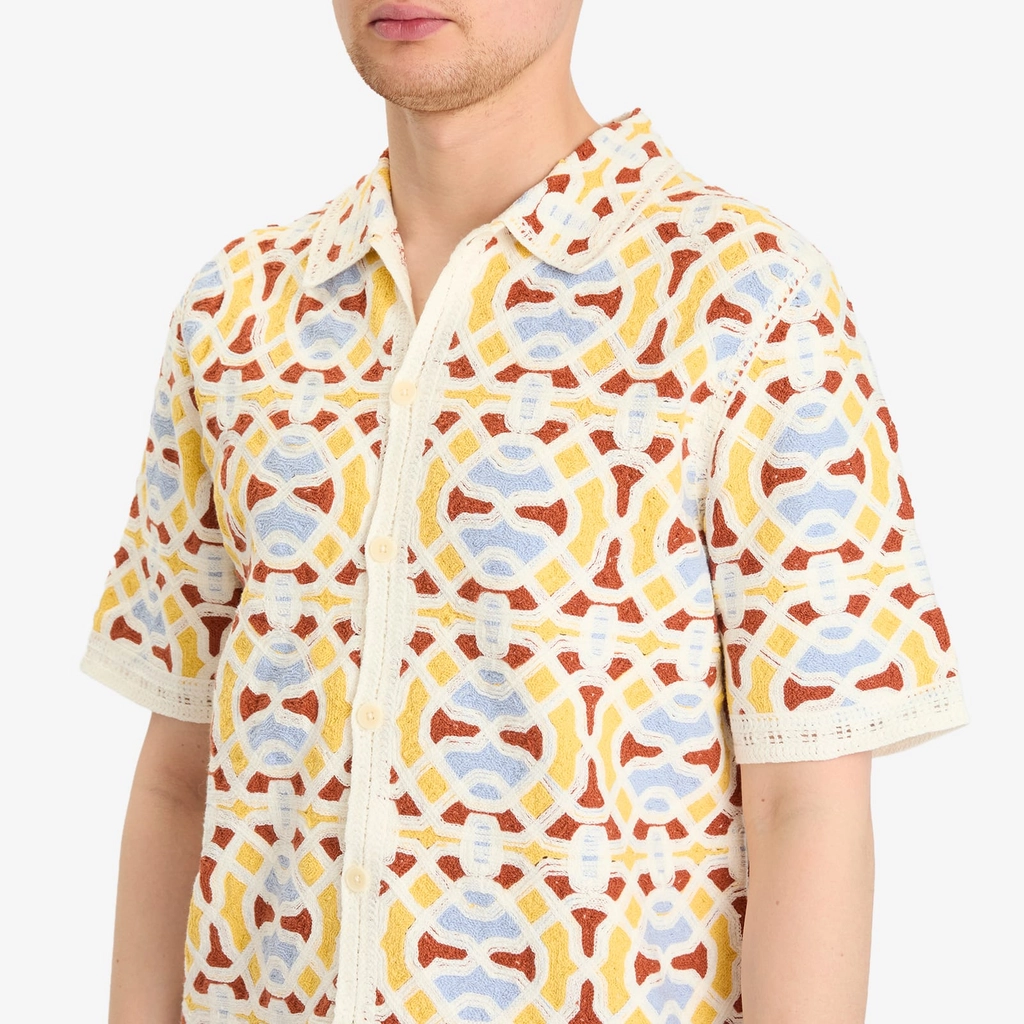 Wax London Men's Dorset Geo Tile Crochet Shirt Ecru/Multi